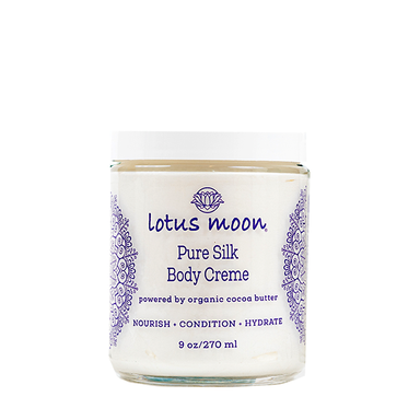 An all natural body moisturizer crafted from a blend of cocoa butter and botanical oils. The Pure Silk Body Creme glides on like silk for a magical moment of self care.  Packaged in a glass jar, this supercharged formula works to restore dull, dry, and irritable skin to a healthier and more balanced state.