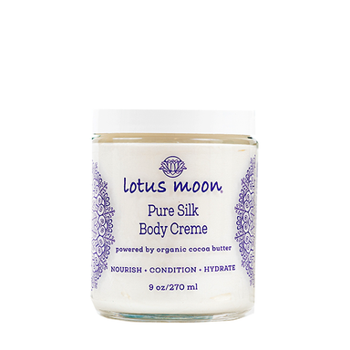 An all natural body moisturizer crafted from a blend of cocoa butter and botanical oils. The Pure Silk Body Creme glides on like silk for a magical moment of self care. Packaged in a glass jar, this supercharged formula works to restore dull, dry, and irritable skin to a healthier and more balanced state.