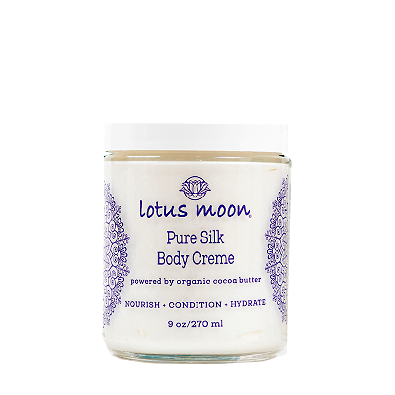 An all natural body moisturizer crafted from a blend of cocoa butter and botanical oils. The Pure Silk Body Creme glides on like silk for a magical moment of self care.  Packaged in a glass jar, this supercharged formula works to restore dull, dry, and irritable skin to a healthier and more balanced state.